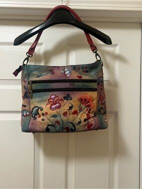 Anuschka Hand-Painted Floral Shoulder Bag in Red, Blue, Yellow, Pink and Green